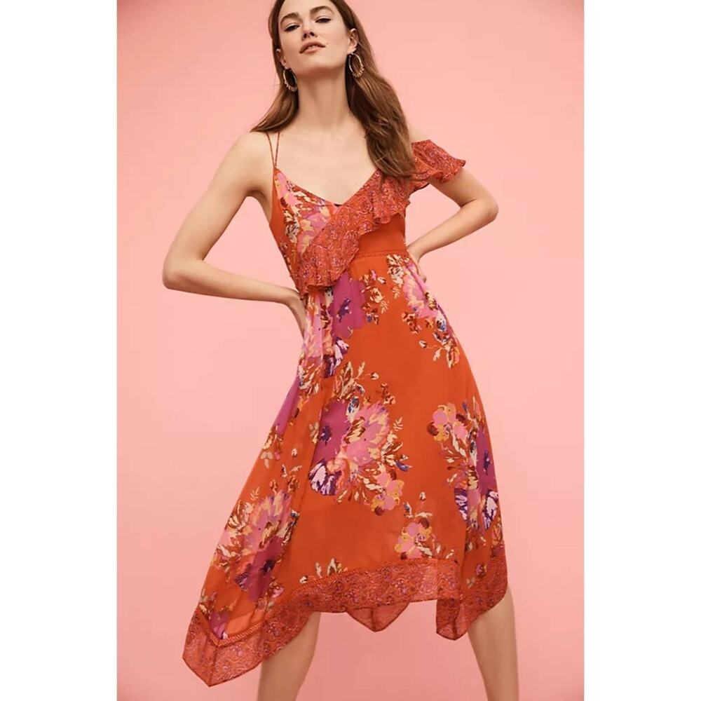 Anthropologie Red/Orange Floral Midi Dress